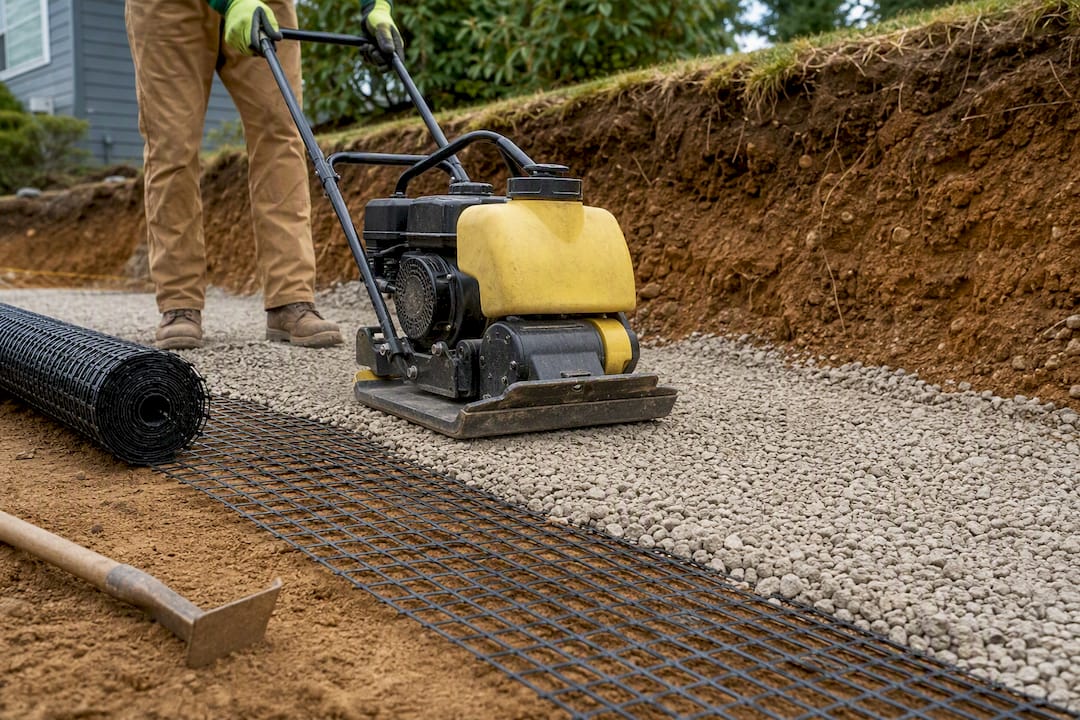 Compactor working over geogrid wall backfill