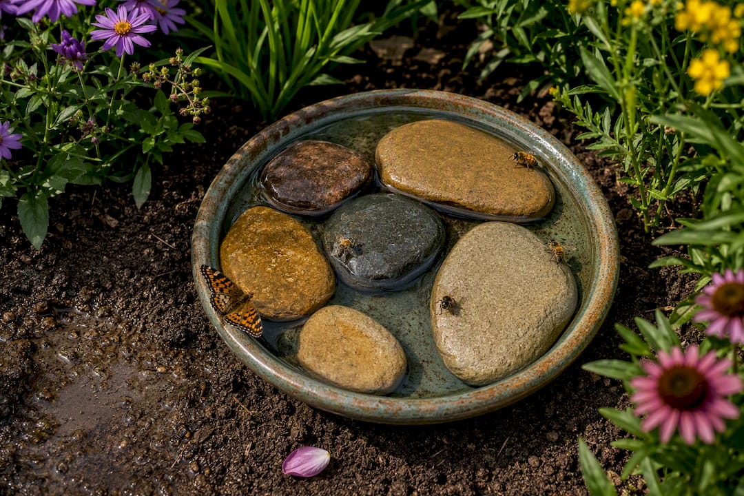 Shallow pollinator water dish with landing stones
