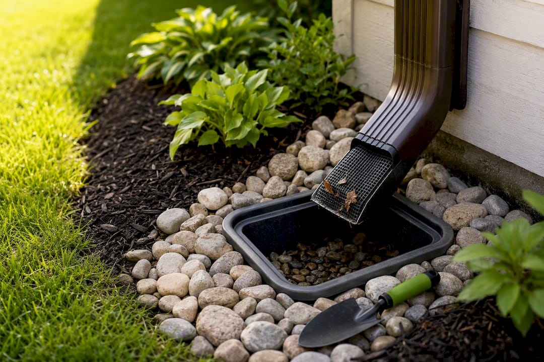 Leaf screen protecting downspout settling basin