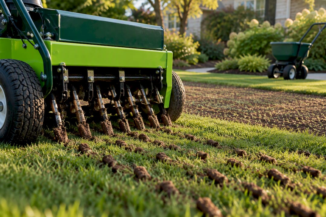 Core aerator preparing lawn soil for seed