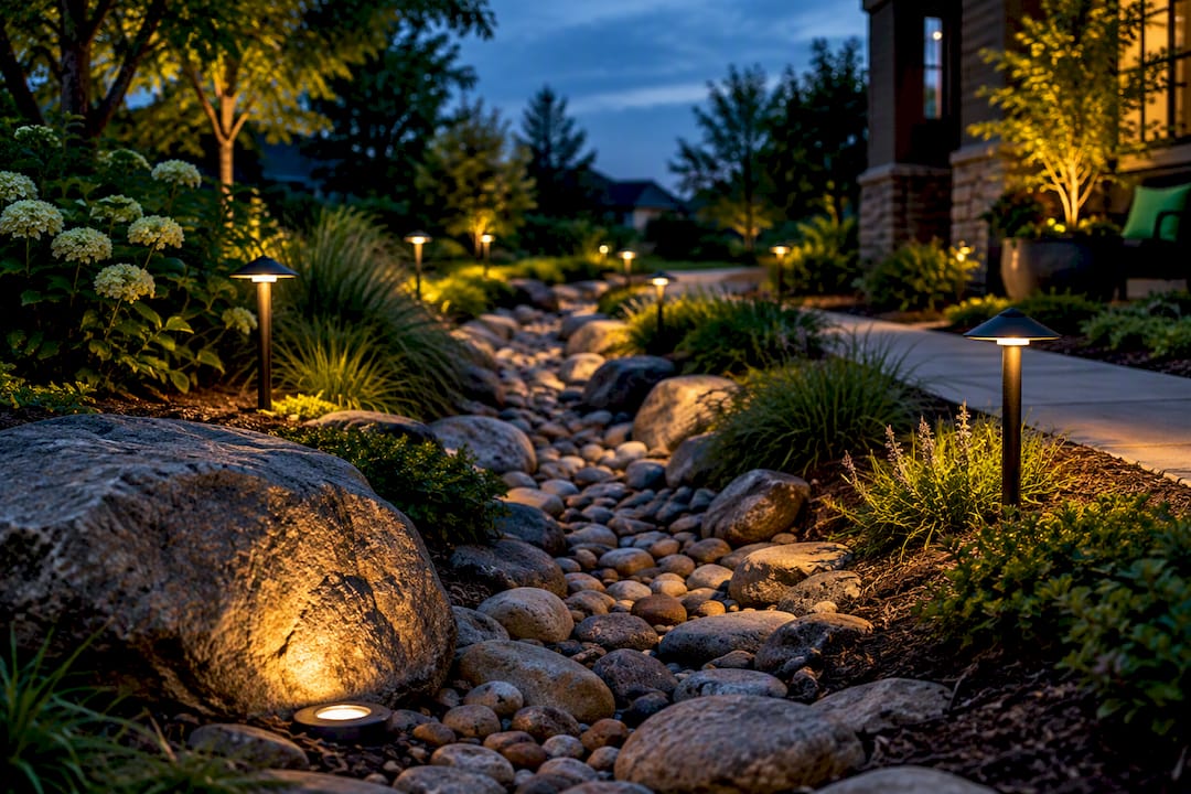 Low-voltage lights illuminating creek bed stones