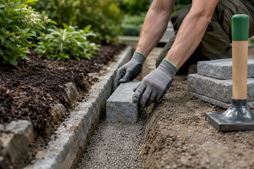 Stone edging set in compacted trench