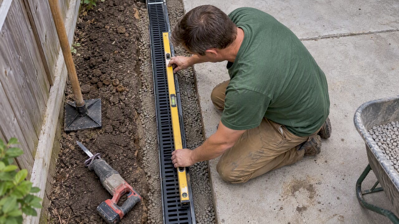 Homeowner checking patio channel with level