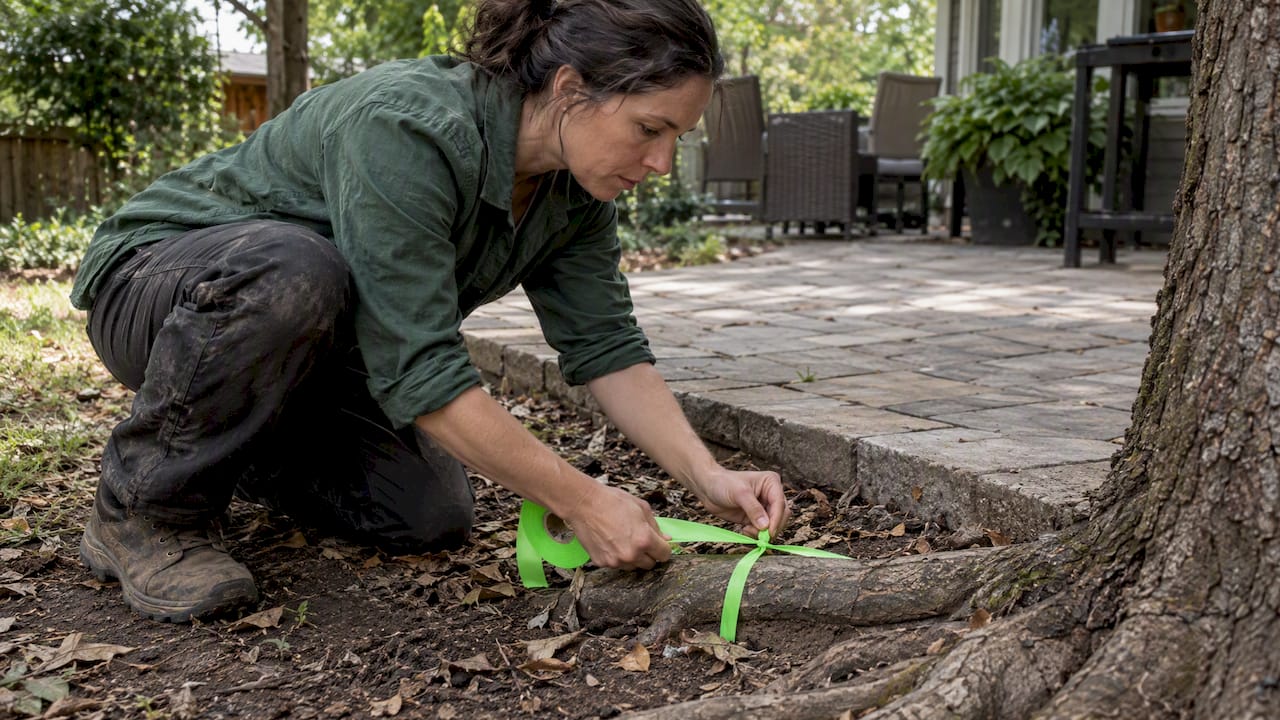 Contractor marking exposed root with surveyor tape