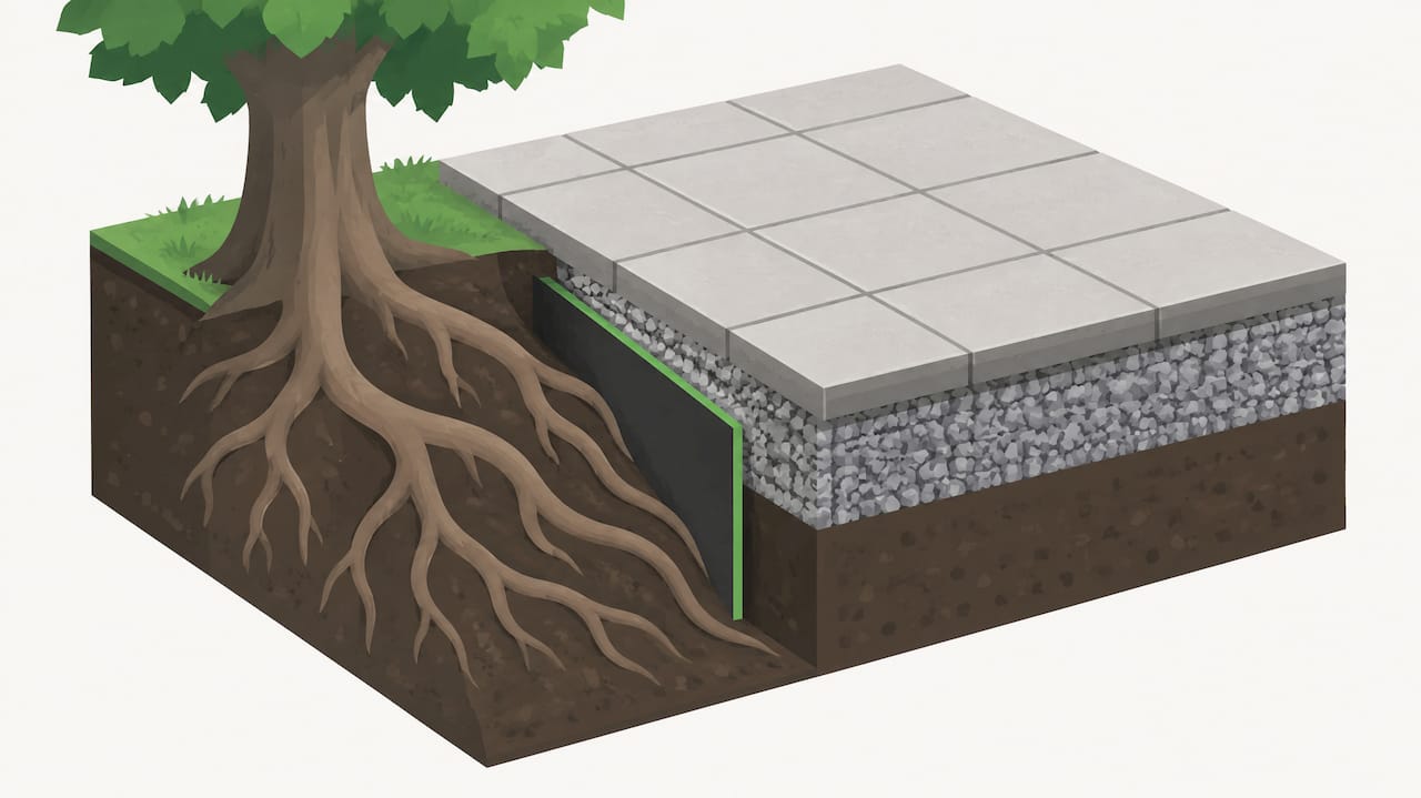 Cutaway patio base protecting tree roots