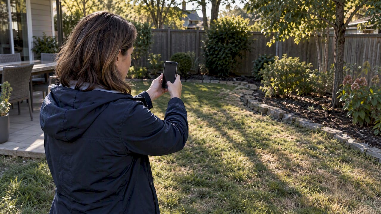 Homeowner photographing backyard shade patterns