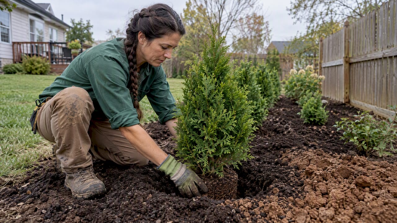 Landscaper placing shrub in staggered hedge row