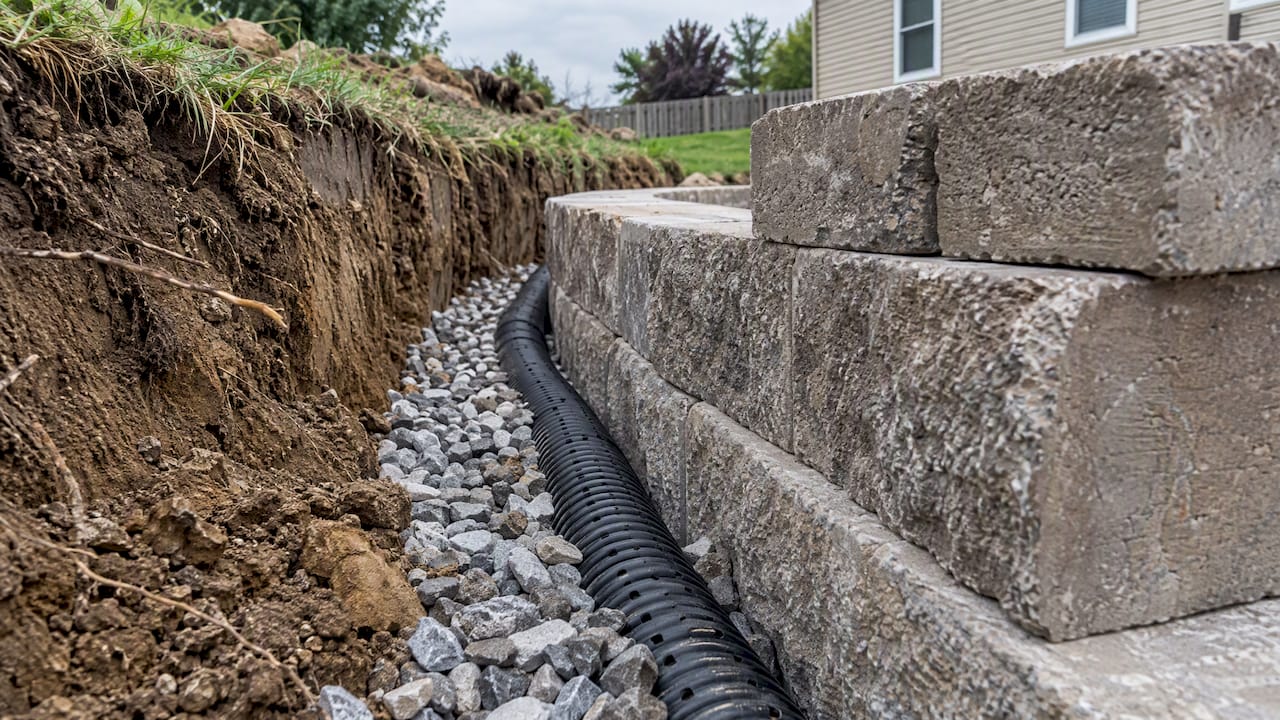 Drain pipe and gravel behind retaining wall