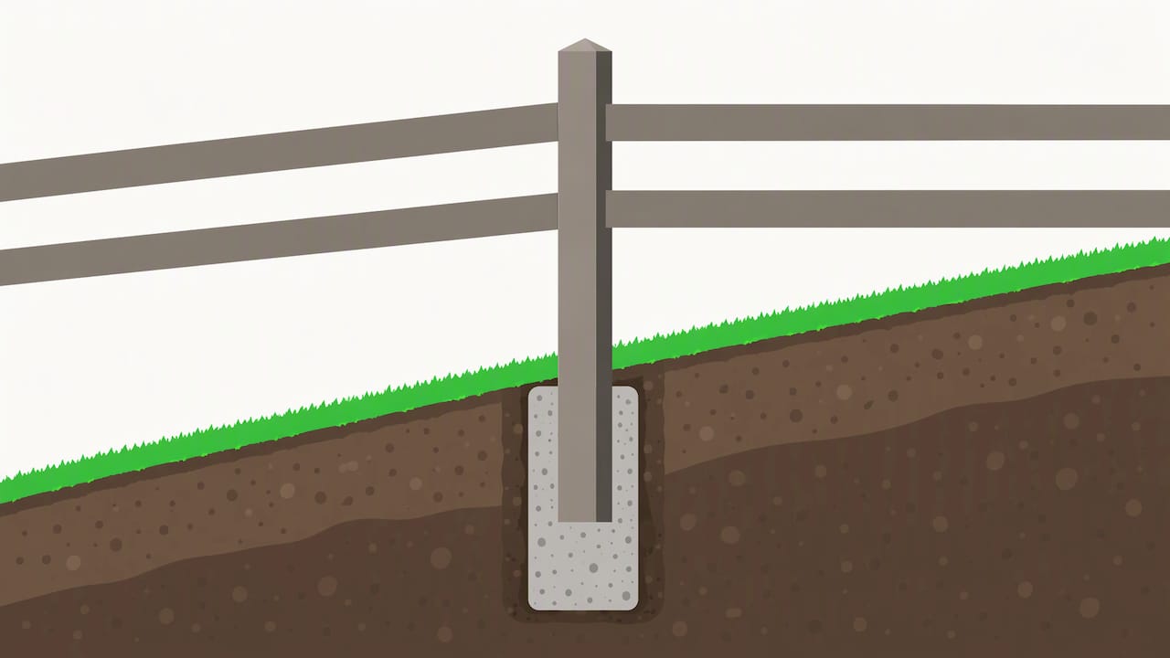Vertical fence post anchored in sloped soil
