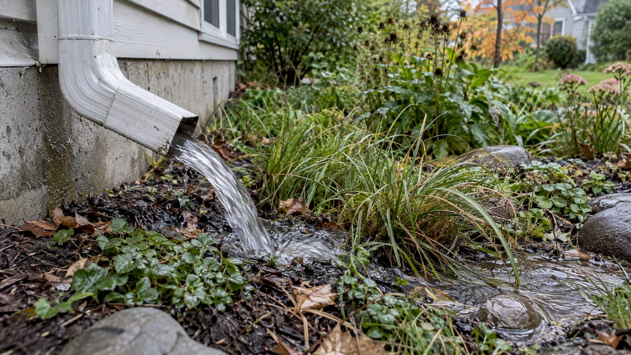 Downspout runoff reaching a planted rain garden